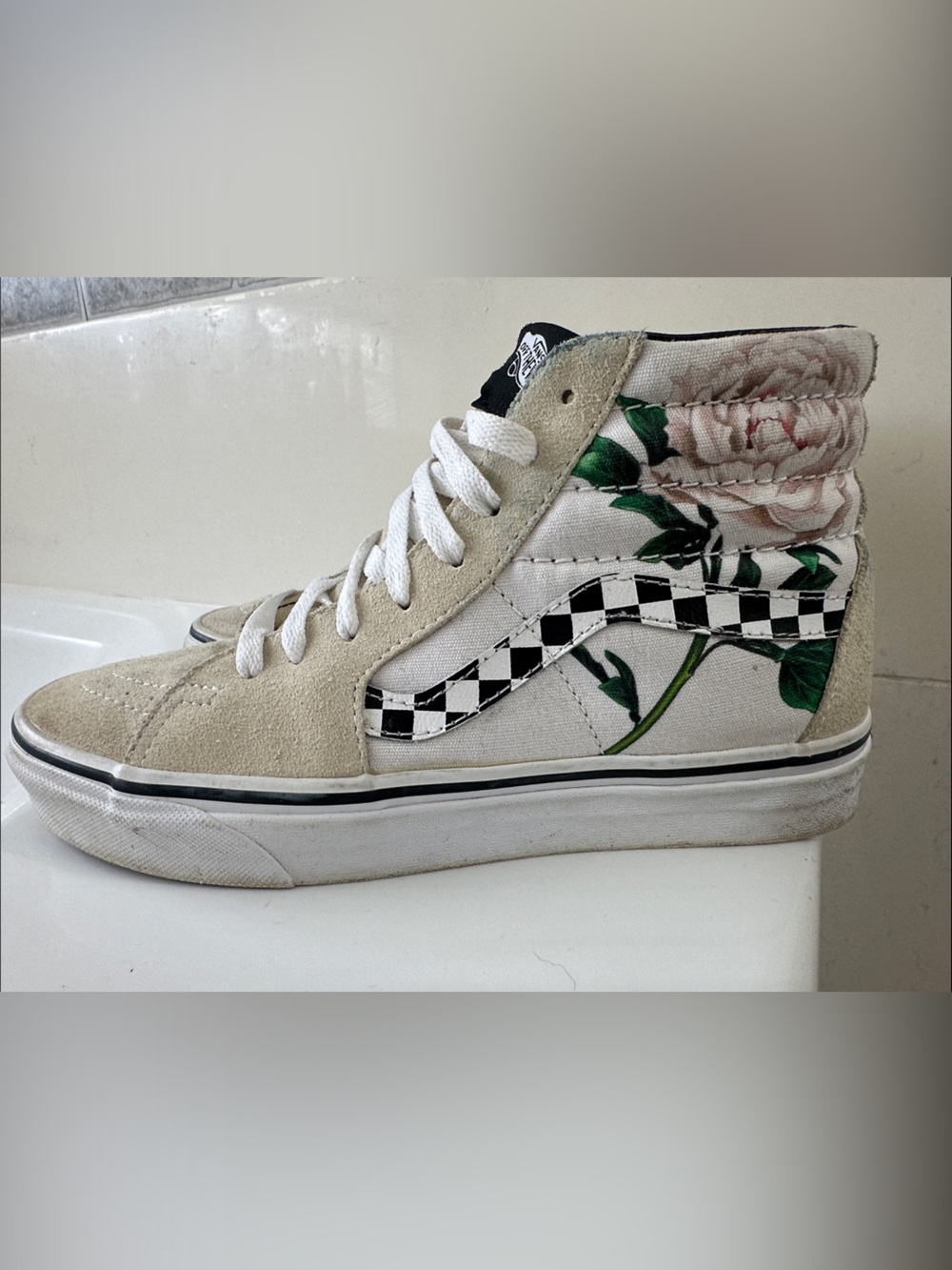 Vans High-Top Floral Checkerboard Sneakers in Beige, White, Black, Green